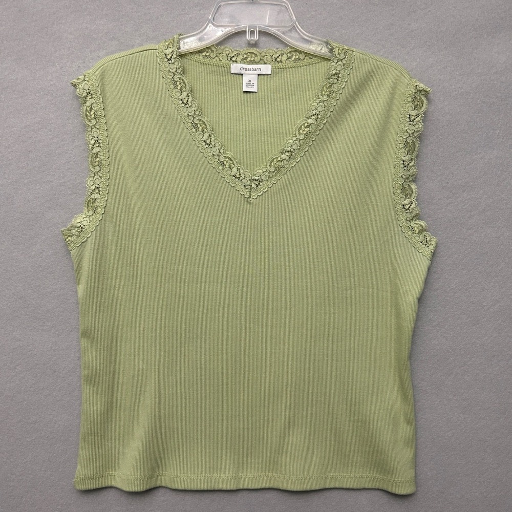 VTG Dressbarn Tank Top Women's XL Green Rib Knit Lace Trim Y2K Girlhood Preppy